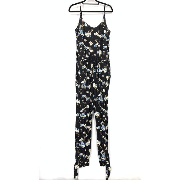 Lascana For Venus Jumpsuit Womens Size Medium Black Floral Print Tie Ankles - Picture 1 of 6